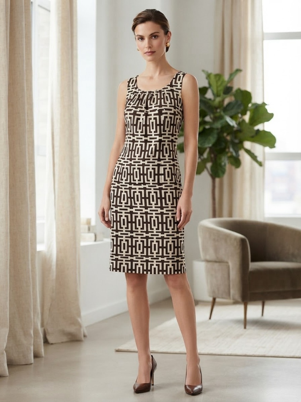 Geometric-Print Sleeveless Mini Dress in Black and Cream